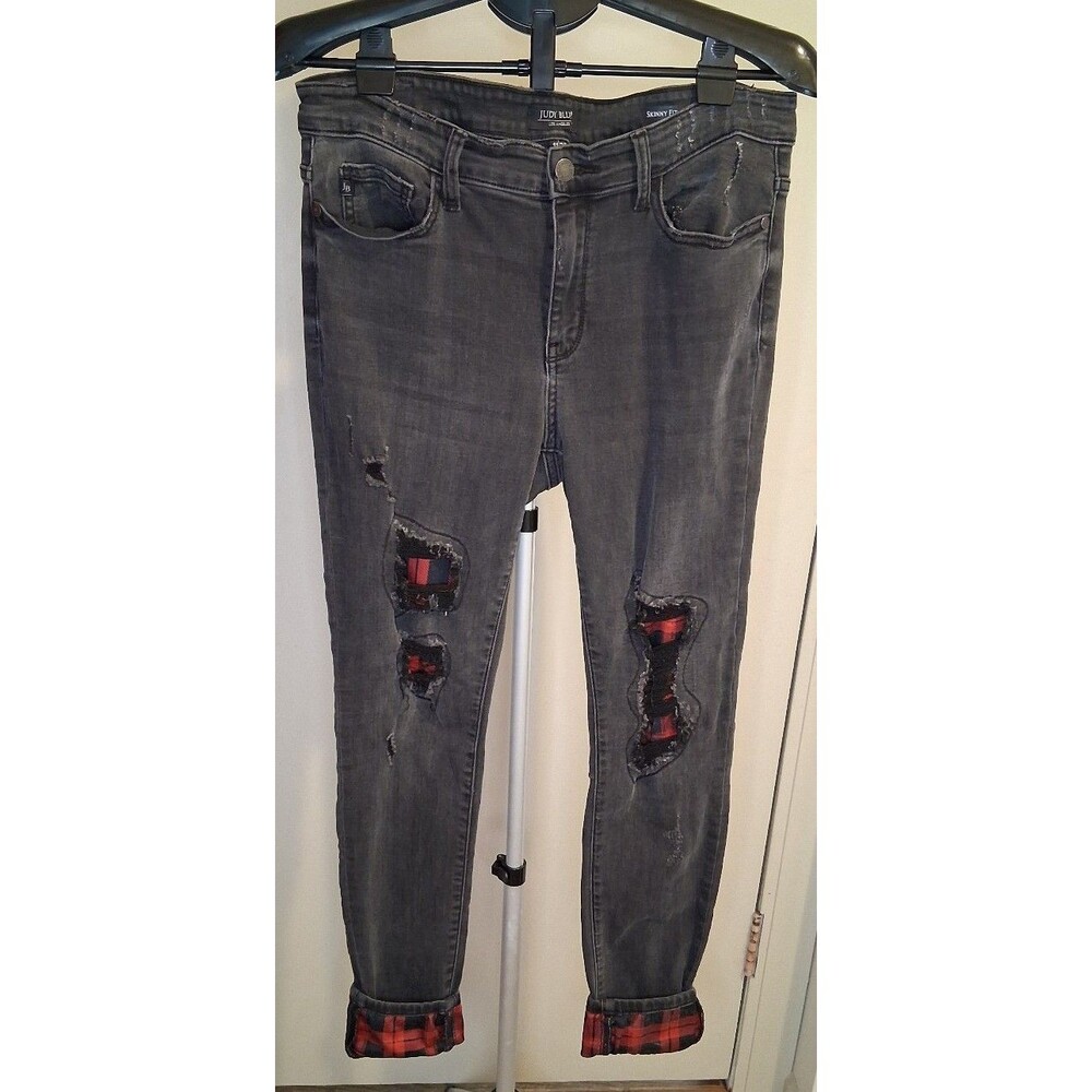 Women's Judy Blue Skinny Fit Buffalo Plaid Peek-A-Boo Denim Jeans, Sz 11/30